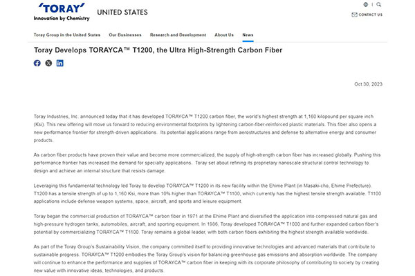 深度解讀東麗全新推出的高強(qiáng)度碳纖維T1200材料